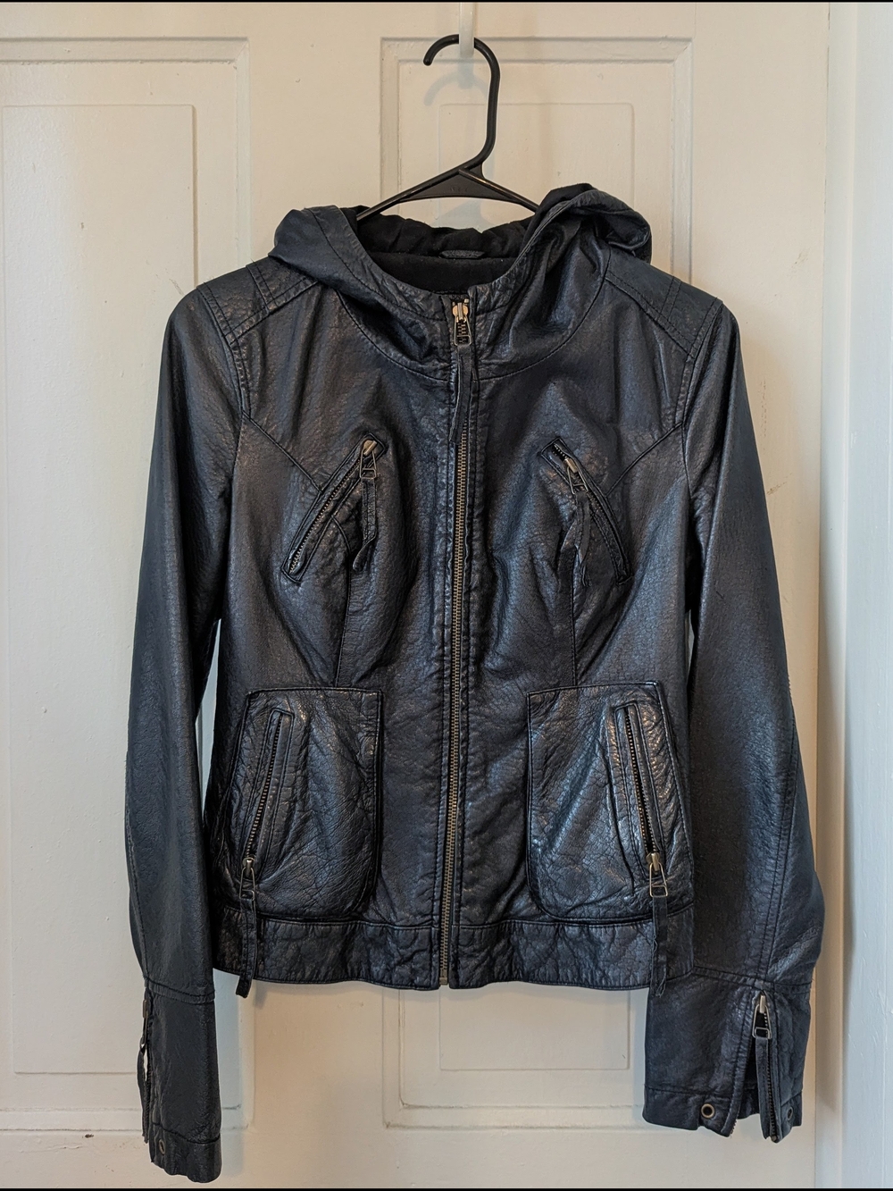 Only Black Real Leather Hooded Jacket